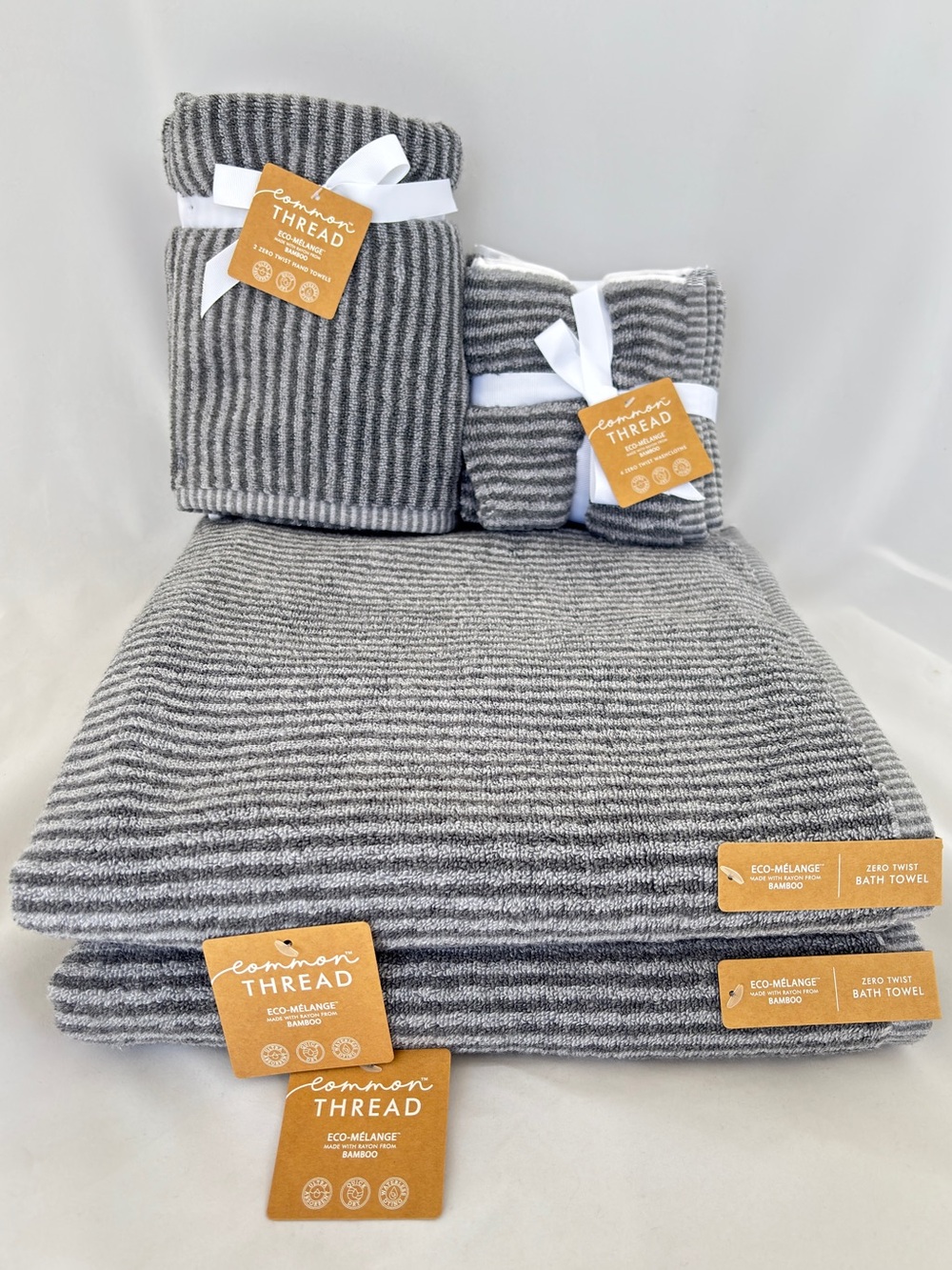 NWT 8Pc Common Thread Bamboo Eco-Melange Charcoal Grey Striped Bath Towels Set